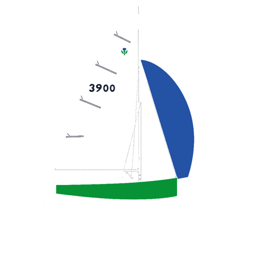 Thistlebase mark — the Thistle sail plan with white sails, blue spinnaker, and green hull